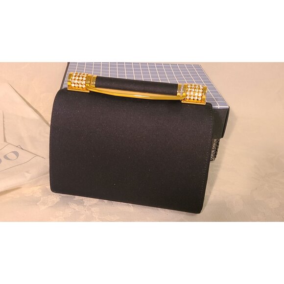 VINTAGE RODO Italy Black Satin Evening Clutch Rhinestone Crystal Clasp Minaudier - Picture 2 of 16